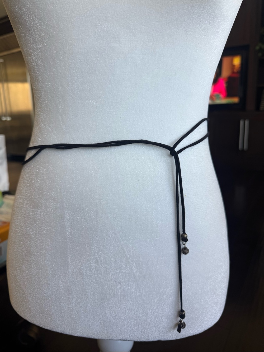 VM Adjustable Black Suede Tie Waist Belt necklace necktie leather beaded silver